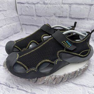 Crocs Men's Swiftwater Mesh Deck Sandal Size 13 Black Gray Yellow Shoes